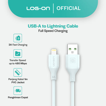 LOG ON KABEL TYPE C/IPHONE FAST CHARGING 3A 1Meter CB80, Desain Tahan Lama, Fleksibel, Pengisian Aman, 30000+ Uji Bending
