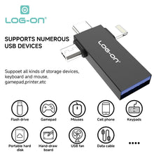 LOG-ON 3 in1 OTG USB For Lightning, Type-C, Micro LO-OT17( bisa digunakan untuk flashdisk dan harddisk sampai 2 TB)