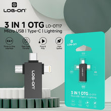 LOG-ON 3 in1 OTG USB For Lightning, Type-C, Micro LO-OT17( bisa digunakan untuk flashdisk dan harddisk sampai 2 TB)