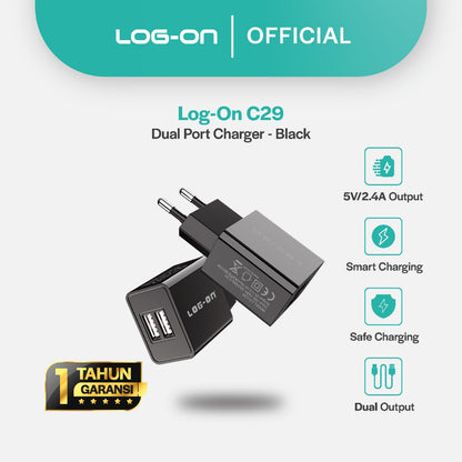 LOG ON BATOK DUAL USB 2.4A LO-C29 FAST ADAPTOR CHARGER 2USB A + Kabel