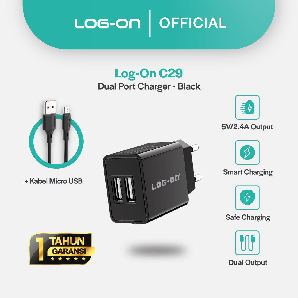 LOG ON BATOK DUAL USB 2.4A LO-C29 FAST ADAPTOR CHARGER 2USB A + Kabel