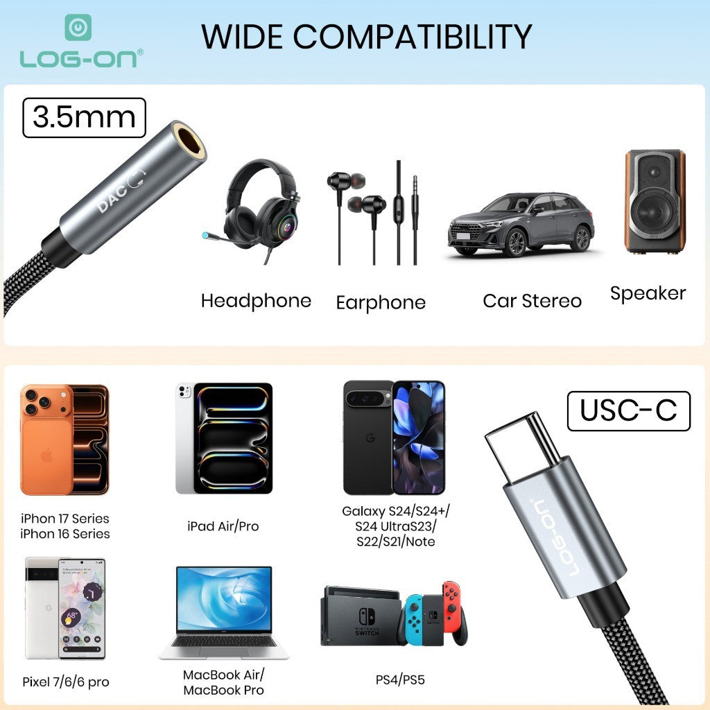 LOG-ON LO-AX8 Audio Adapter USB Type-C to 3.5mm – DAC Chip | Support Mikrofon & Kontrol Musik