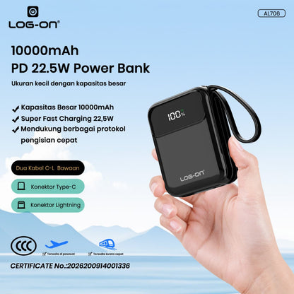 LOG-ON POWERBANK AL706 3C/CCC PD 22.5W 10.000mAh – BUILT-IN CABLE TYPE-C & LIGHTNING