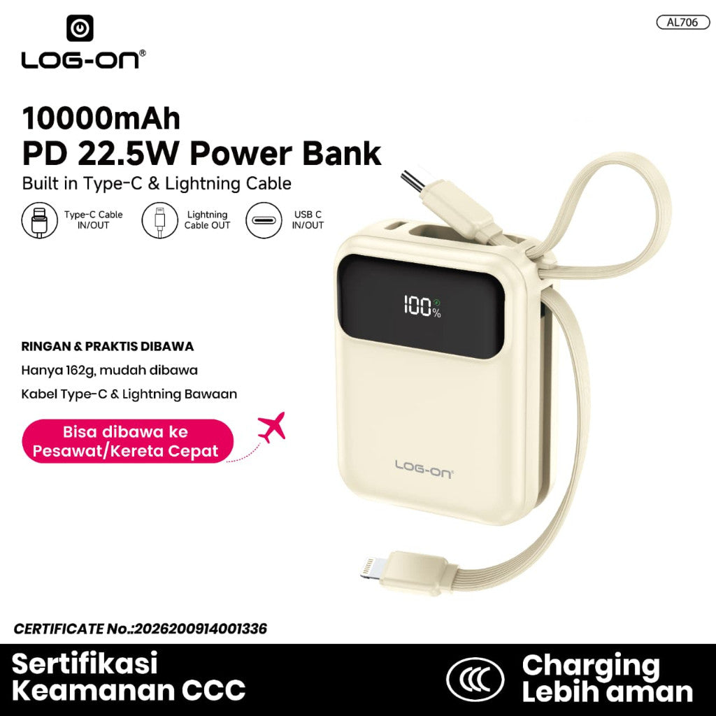LOG-ON POWERBANK AL706 3C/CCC PD 22.5W 10.000mAh – BUILT-IN CABLE TYPE-C & LIGHTNING