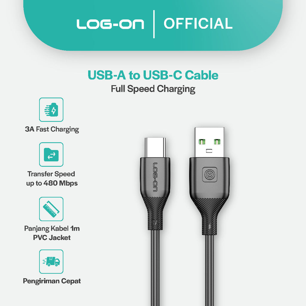 LOG ON KABEL TYPE C/IPHONE FAST CHARGING 3A 1Meter CB80, Desain Tahan Lama, Fleksibel, Pengisian Aman, 30000+ Uji Bending