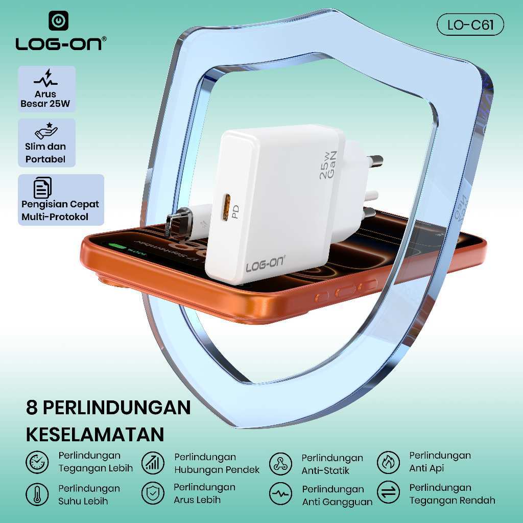 LOG-ON  Fast Charger PD25W GaN Ultra Slim  LO-C61   + Kabel USB-C 1.2M | Fast Charging | 8 Layer Protection