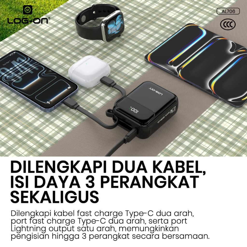 LOG-ON POWERBANK AL706 3C/CCC PD 22.5W 10.000mAh – BUILT-IN CABLE TYPE-C & LIGHTNING