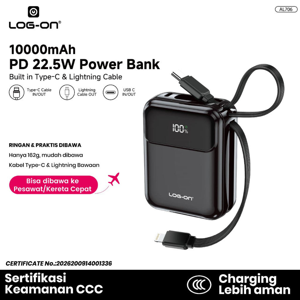 LOG-ON POWERBANK AL706 3C/CCC PD 22.5W 10.000mAh – BUILT-IN CABLE TYPE-C & LIGHTNING