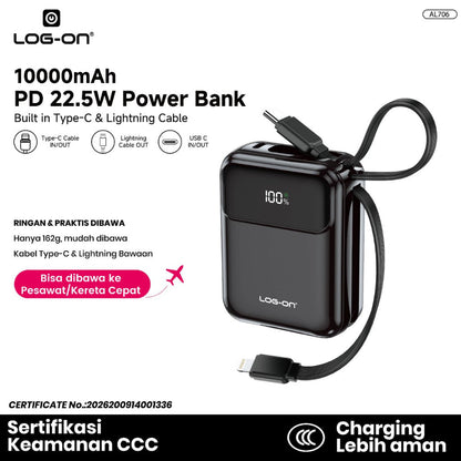 LOG-ON POWERBANK AL706 3C/CCC PD 22.5W 10.000mAh – BUILT-IN CABLE TYPE-C & LIGHTNING