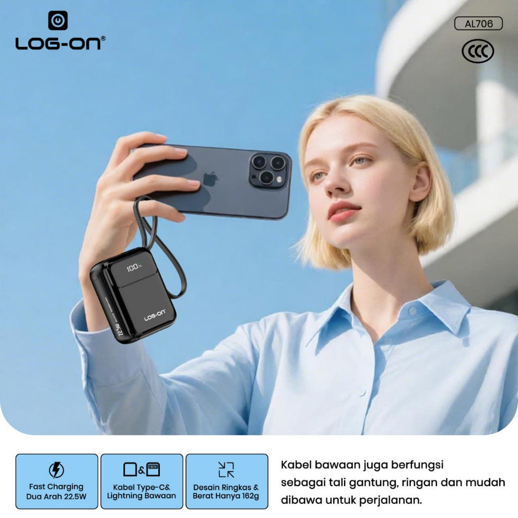 LOG-ON POWERBANK AL706 3C/CCC PD 22.5W 10.000mAh – BUILT-IN CABLE TYPE-C & LIGHTNING