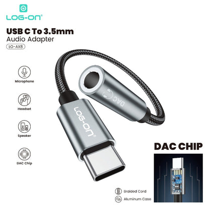 LOG-ON LO-AX8 Audio Adapter USB Type-C to 3.5mm – DAC Chip | Support Mikrofon & Kontrol Musik