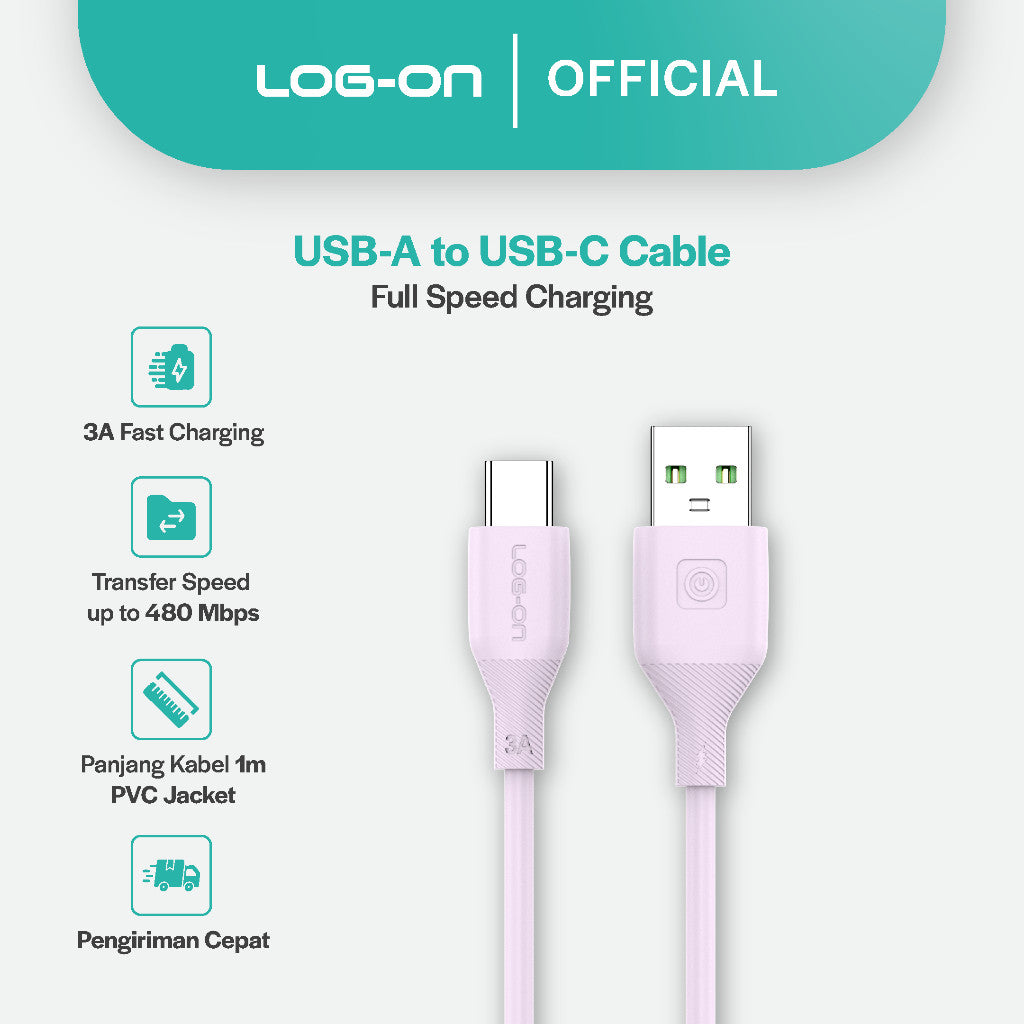 LOG ON KABEL TYPE C/IPHONE FAST CHARGING 3A 1Meter CB80, Desain Tahan Lama, Fleksibel, Pengisian Aman, 30000+ Uji Bending