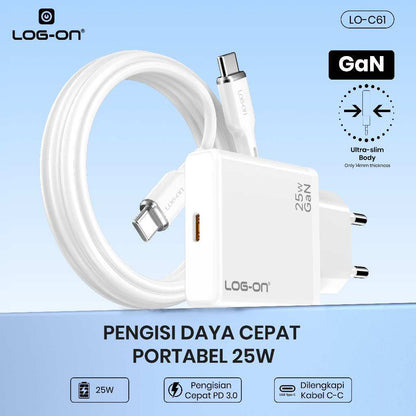 LOG-ON  Fast Charger PD25W GaN Ultra Slim  LO-C61   + Kabel USB-C 1.2M | Fast Charging | 8 Layer Protection