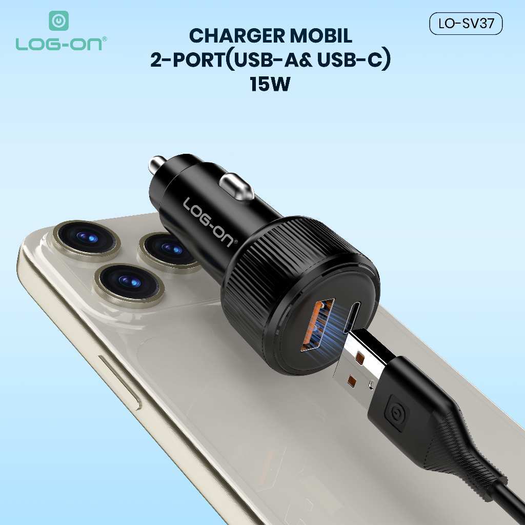 LOG-ON LO-SV37 15W USB Car Charger 2 Port (USB-A + USB-C) + Kabel Type-C | Charger Mobil Fast & Praktis