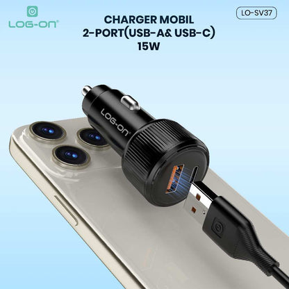 LOG-ON LO-SV37 15W USB Car Charger 2 Port (USB-A + USB-C) + Kabel Type-C | Charger Mobil Fast & Praktis