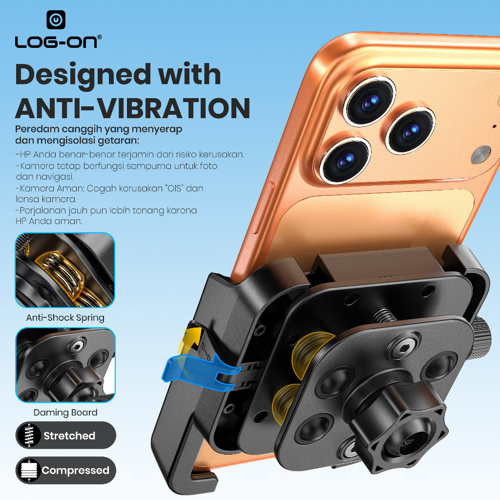 LOG ON HOLDER MOTOR 4X PEREDAM GETAR LO-CRH72 (4-7 INCI) UNTUK DI STANG MOTOR, SEPEDA, SCOOTER