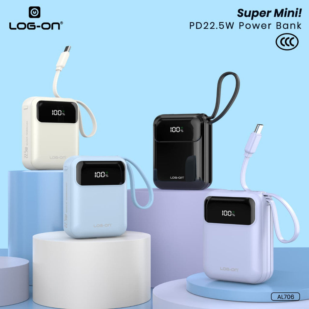 LOG-ON POWERBANK AL706 3C/CCC PD 22.5W 10.000mAh – BUILT-IN CABLE TYPE-C & LIGHTNING