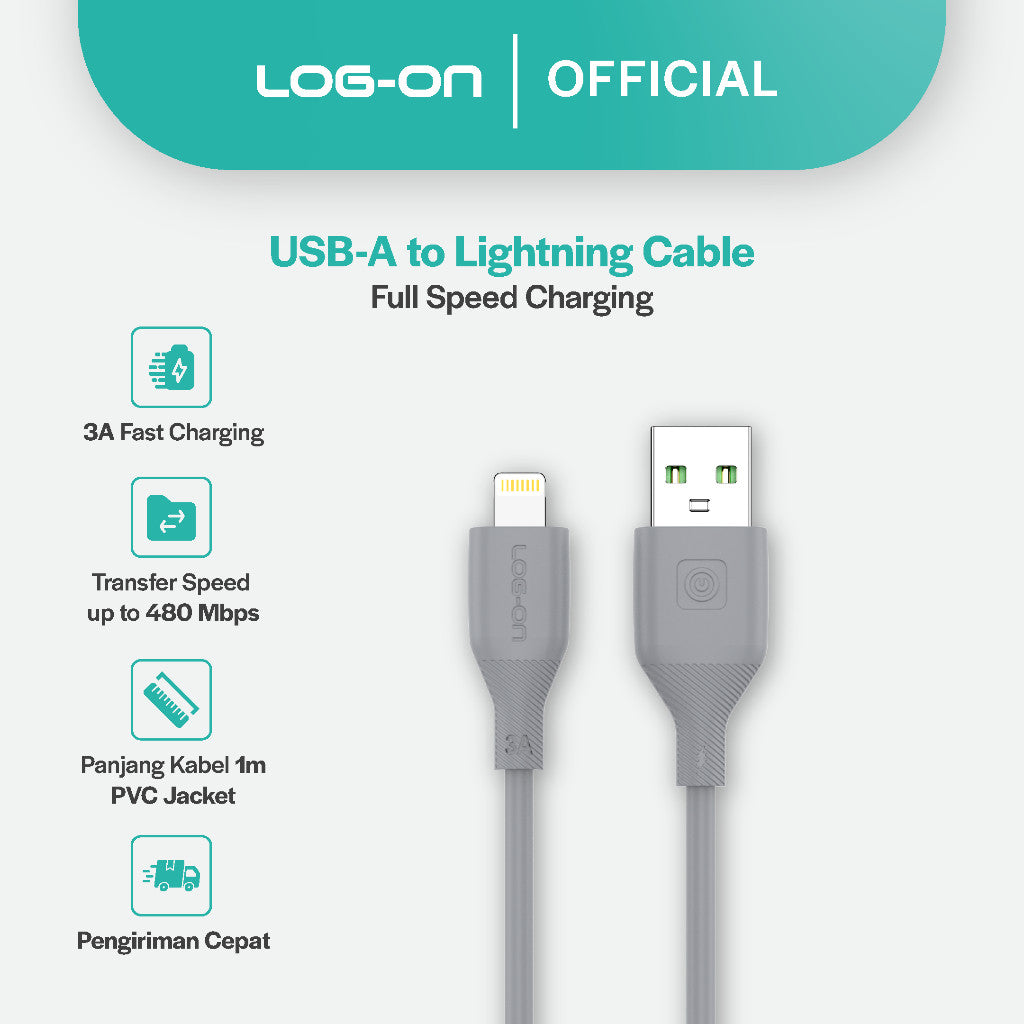 LOG ON KABEL TYPE C/IPHONE FAST CHARGING 3A 1Meter CB80, Desain Tahan Lama, Fleksibel, Pengisian Aman, 30000+ Uji Bending