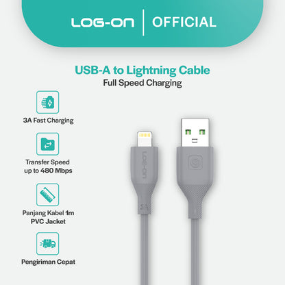 LOG ON KABEL TYPE C/IPHONE FAST CHARGING 3A 1Meter CB80, Desain Tahan Lama, Fleksibel, Pengisian Aman, 30000+ Uji Bending