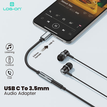 LOG-ON LO-AX8 Audio Adapter USB Type-C to 3.5mm – DAC Chip | Support Mikrofon & Kontrol Musik