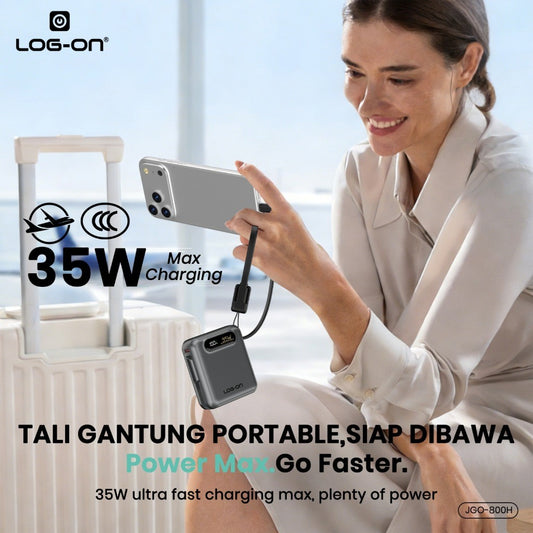 LOG-ON POWERBANK 3C/CCC PD35W 10000MAH JGO-800H BUILT-IN CABLE TYPE C (FREE CABLE C to IOS)FAST CHARGING