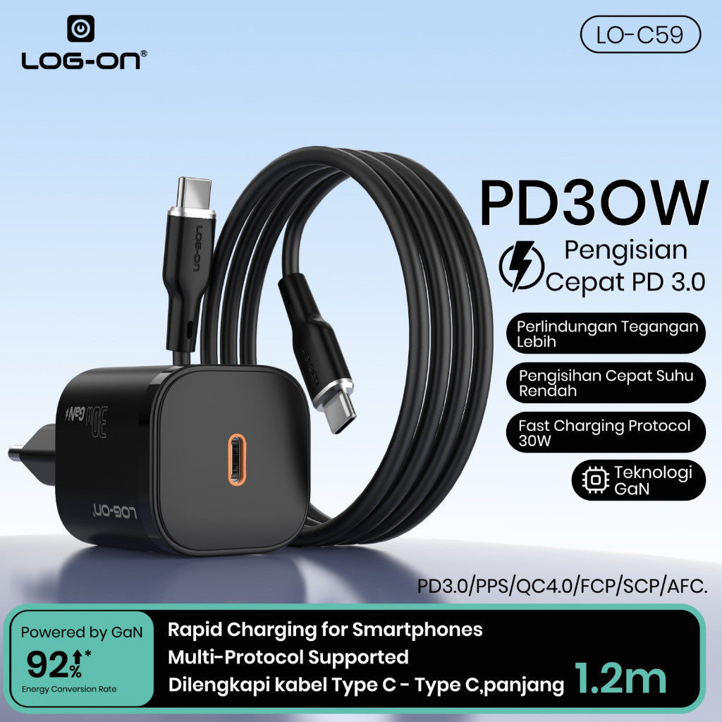 LOG ON ADAPTER QUICK CHARGER 30W C-to-C iphone/Samsung LO-C59 Powered by GaN FAst Charging