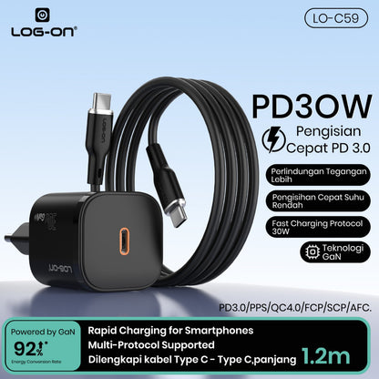 LOG ON ADAPTER QUICK CHARGER 30W C-to-C iphone/Samsung LO-C59 Powered by GaN FAst Charging