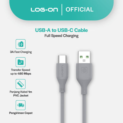LOG ON KABEL TYPE C/IPHONE FAST CHARGING 3A 1Meter CB80, Desain Tahan Lama, Fleksibel, Pengisian Aman, 30000+ Uji Bending