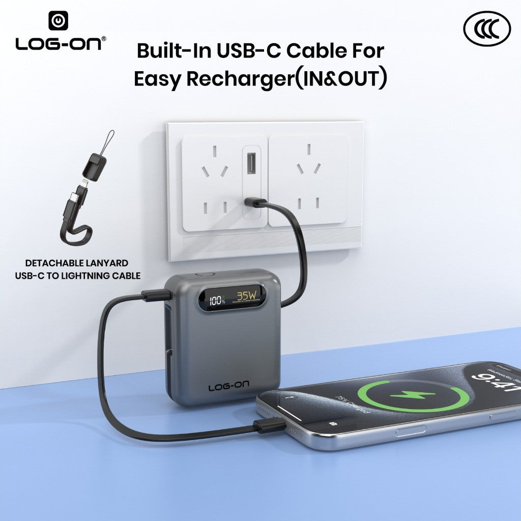LOG-ON POWERBANK 3C/CCC PD35W 10000MAH JGO-800H BUILT-IN CABLE TYPE C (FREE CABLE C to IOS)FAST CHARGING
