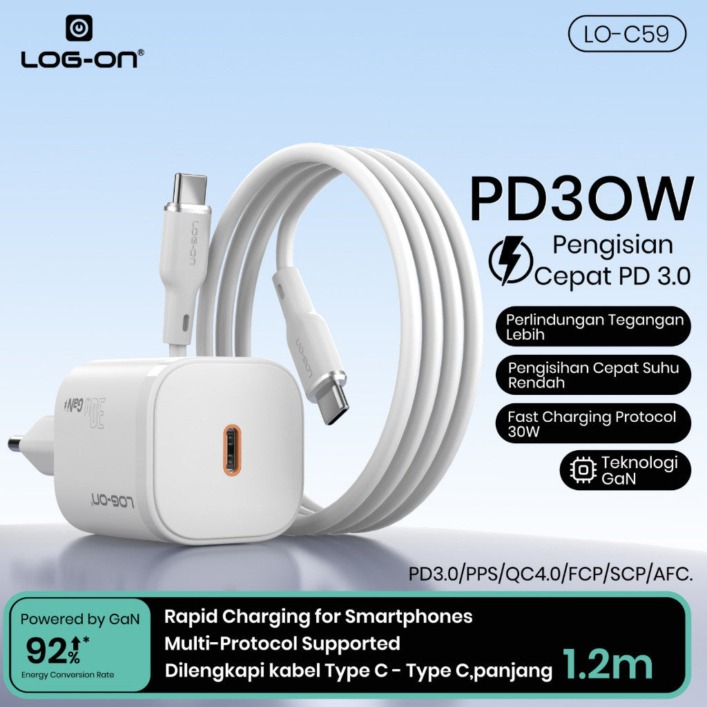LOG ON ADAPTER QUICK CHARGER 30W C-to-C iphone/Samsung LO-C59 Powered by GaN FAst Charging