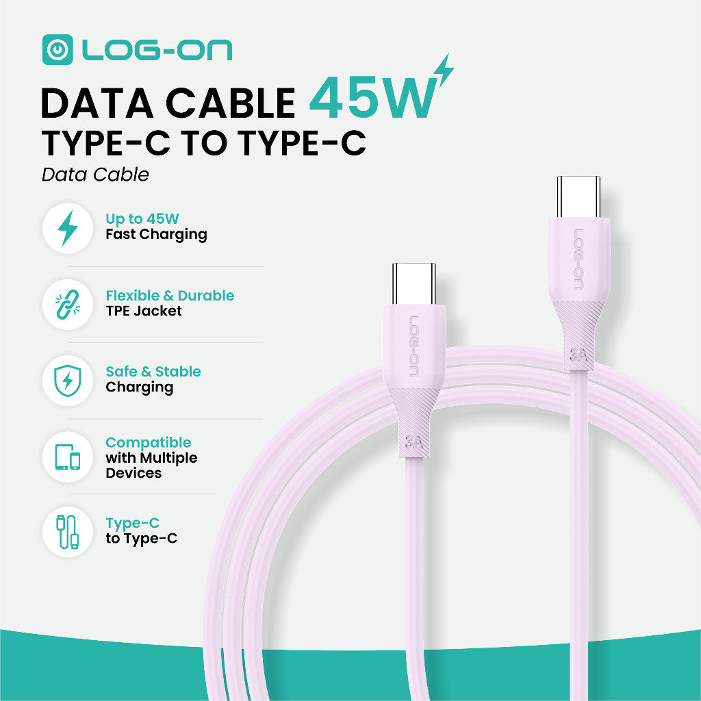 LOG ON KABEL TYPE C/IPHONE FAST CHARGING 3A 1Meter CB80, Desain Tahan Lama, Fleksibel, Pengisian Aman, 30000+ Uji Bending