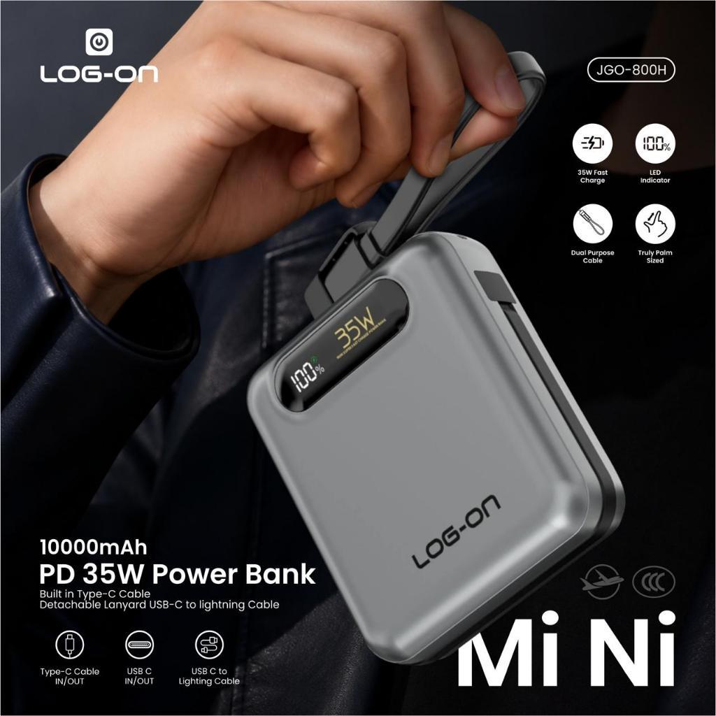 LOG-ON POWERBANK 3C/CCC PD35W 10000MAH JGO-800H BUILT-IN CABLE TYPE C (FREE CABLE C to IOS)FAST CHARGING