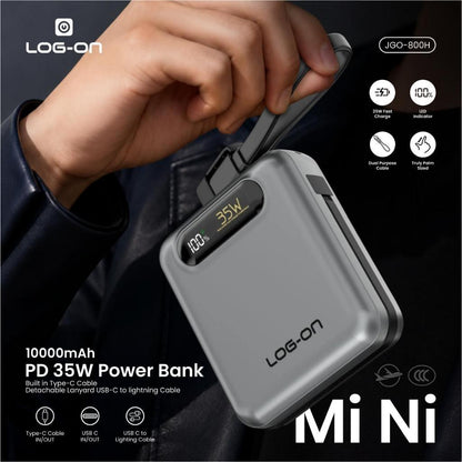 LOG-ON POWERBANK 3C/CCC PD35W 10000MAH JGO-800H BUILT-IN CABLE TYPE C (FREE CABLE C to IOS)FAST CHARGING