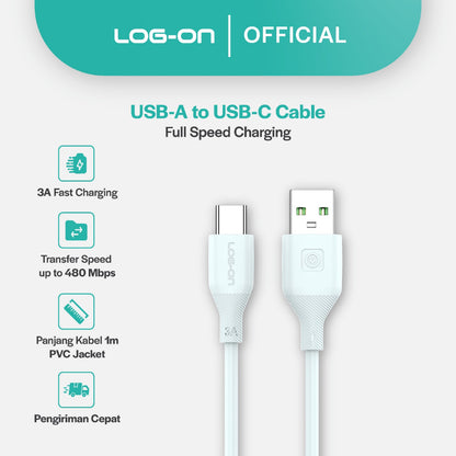 LOG ON KABEL TYPE C/IPHONE FAST CHARGING 3A 1Meter CB80, Desain Tahan Lama, Fleksibel, Pengisian Aman, 30000+ Uji Bending