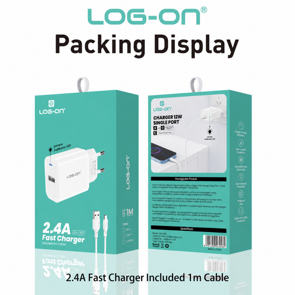 LOG ON ADAPTOR CHARGER 12W 2.4A SINGLE PORT  LO-C62 + KABEL
