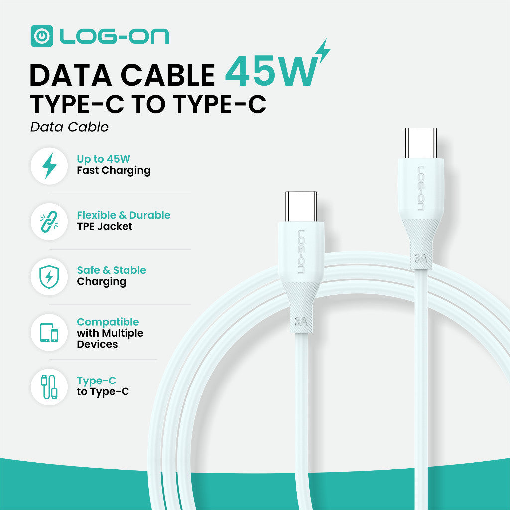LOG ON KABEL TYPE C/IPHONE FAST CHARGING 3A 1Meter CB80, Desain Tahan Lama, Fleksibel, Pengisian Aman, 30000+ Uji Bending