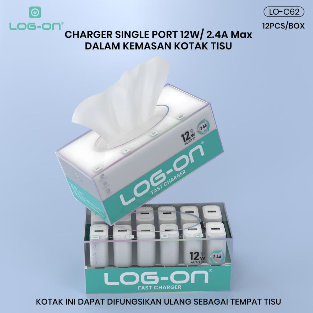 LOG ON BATOK CHARGER 12W 2.4A SINGLE PORT LO-C62 (HANYA KEPALA CHARGER)