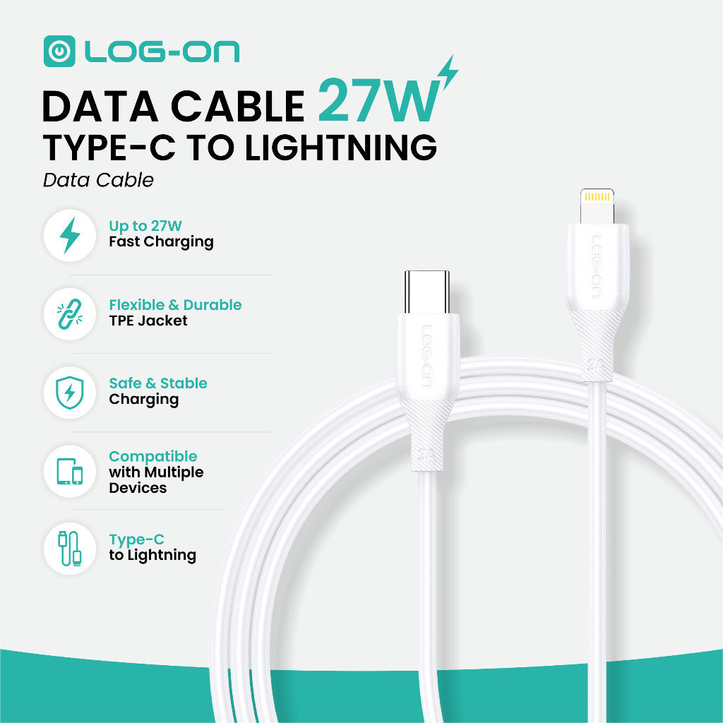 LOG ON KABEL TYPE C/IPHONE FAST CHARGING 3A 1Meter CB80, Desain Tahan Lama, Fleksibel, Pengisian Aman, 30000+ Uji Bending