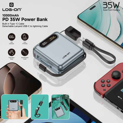 LOG-ON POWERBANK 3C/CCC PD35W 10000MAH JGO-800H BUILT-IN CABLE TYPE C (FREE CABLE C to IOS)FAST CHARGING