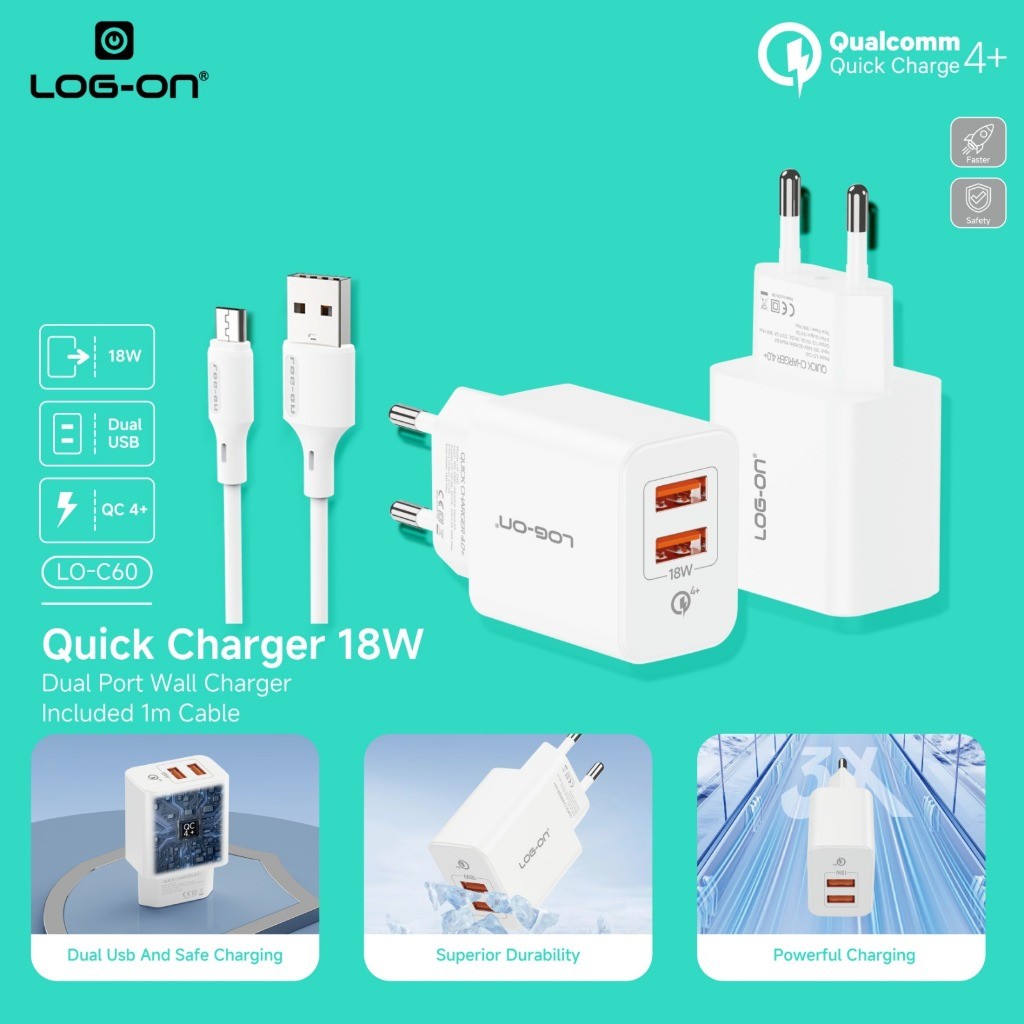 LOG ON CHARGER 18WATT 2USB QC 4.0 LO-C60 +Kabel