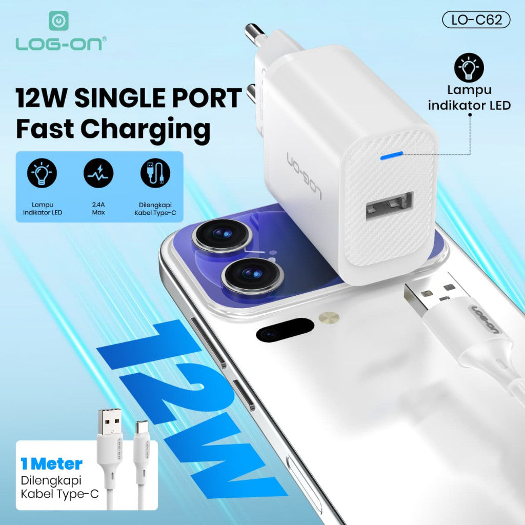 LOG ON BATOK CHARGER 12W 2.4A SINGLE PORT LO-C62 (HANYA KEPALA CHARGER)