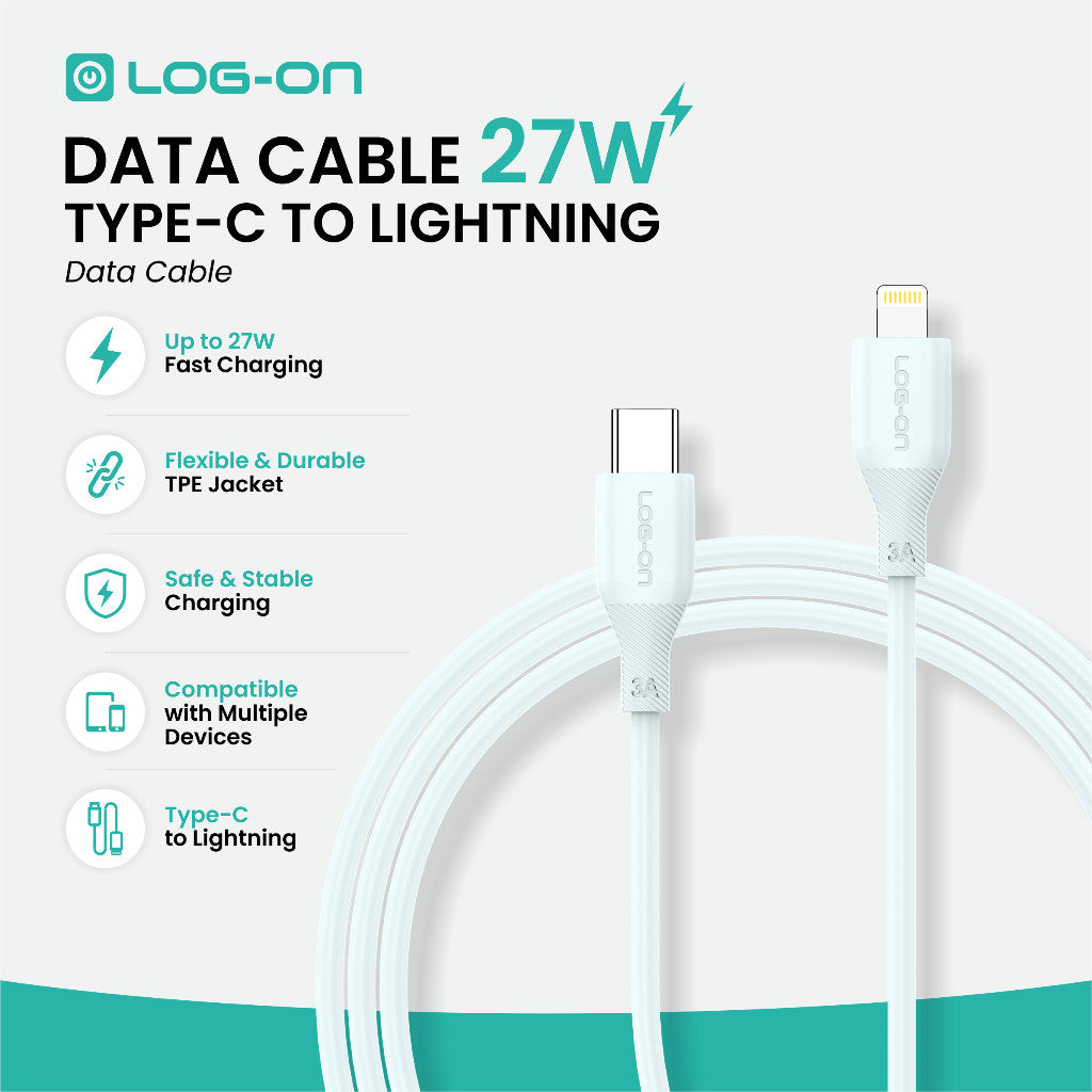 LOG ON KABEL TYPE C/IPHONE FAST CHARGING 3A 1Meter CB80, Desain Tahan Lama, Fleksibel, Pengisian Aman, 30000+ Uji Bending