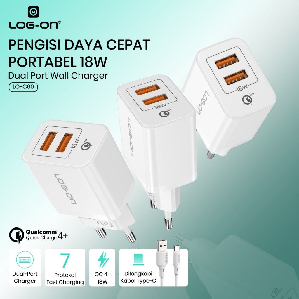 LOG ON CHARGER 18WATT 2USB QC 4.0 LO-C60 +Kabel