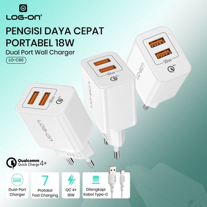 LOG ON CHARGER 18WATT 2USB QC 4.0 LO-C60 +Kabel