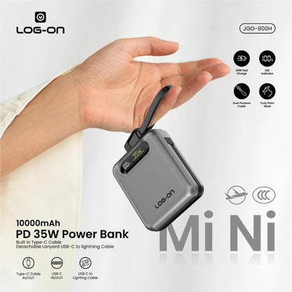 LOG-ON POWERBANK 3C/CCC PD35W 10000MAH JGO-800H BUILT-IN CABLE TYPE C (FREE CABLE C to IOS)FAST CHARGING