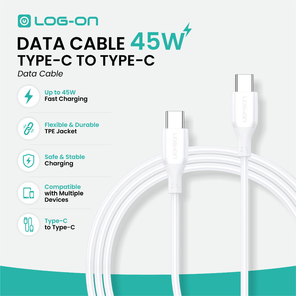 LOG ON KABEL TYPE C/IPHONE FAST CHARGING 3A 1Meter CB80, Desain Tahan Lama, Fleksibel, Pengisian Aman, 30000+ Uji Bending