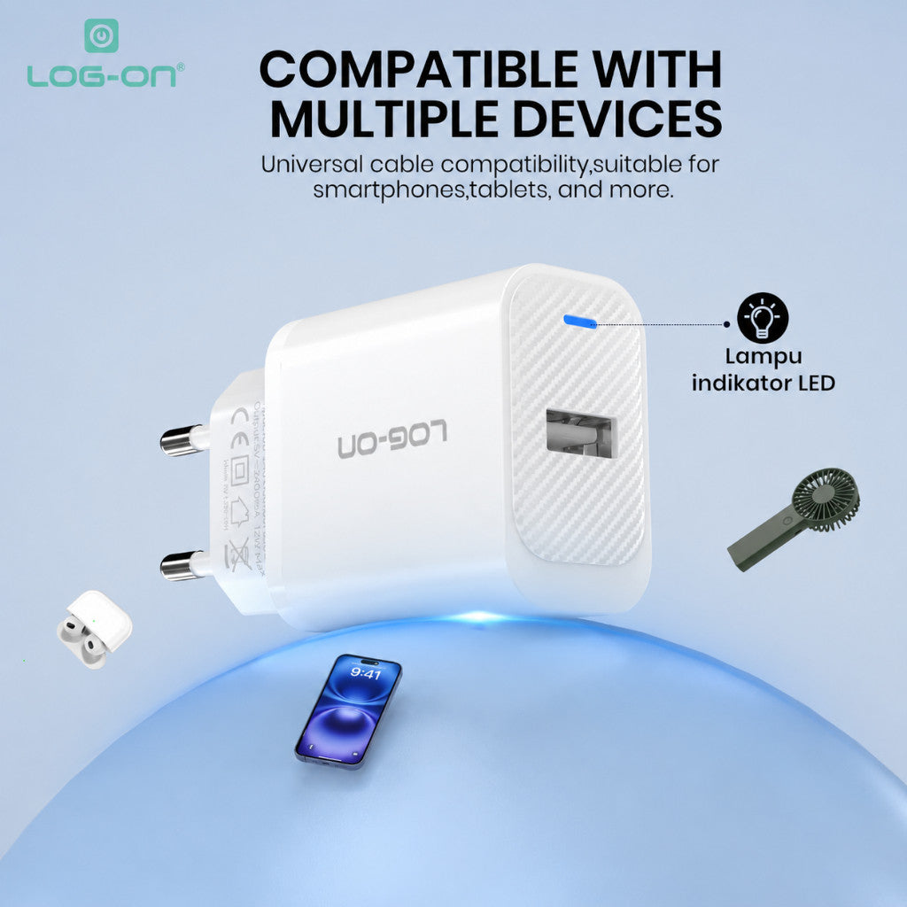 LOG ON BATOK CHARGER 12W 2.4A SINGLE PORT LO-C62 (HANYA KEPALA CHARGER)