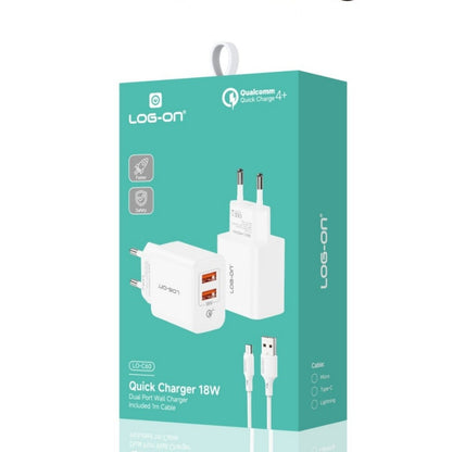 LOG ON CHARGER 18WATT 2USB QC 4.0 LO-C60 +Kabel