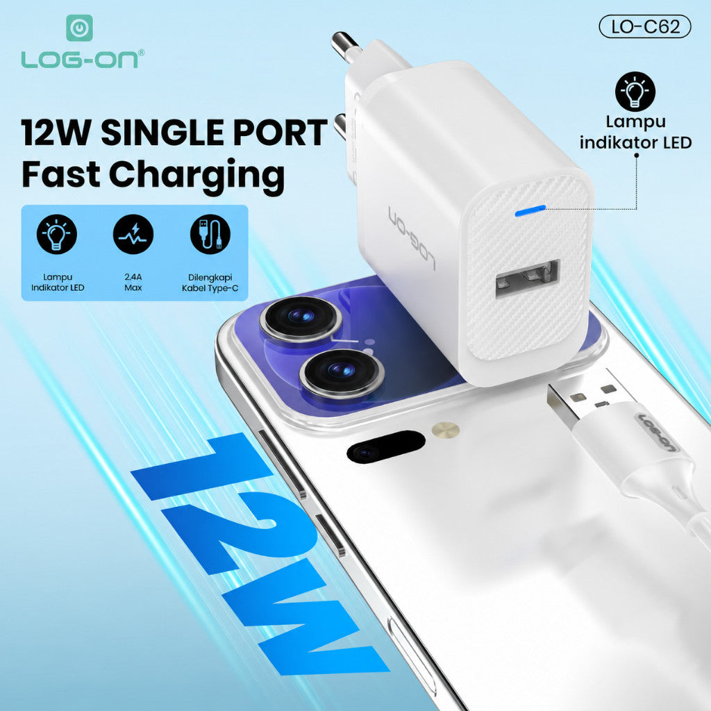 LOG ON 12 PCS BATOK CHARGER 12W 2.4A SINGLE PORT LO-C62 (HANYA KEPALA CHARGER)