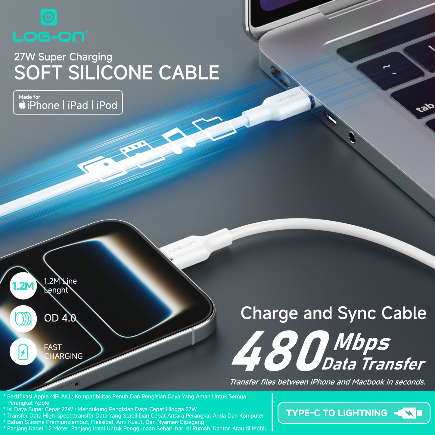 Kabel Log-On 27W USB-C to Lightning MFI LGO-10 Silikon Fast Charging 27W Apple MFi Certified 1.2M untuk iPhone iPad iPod